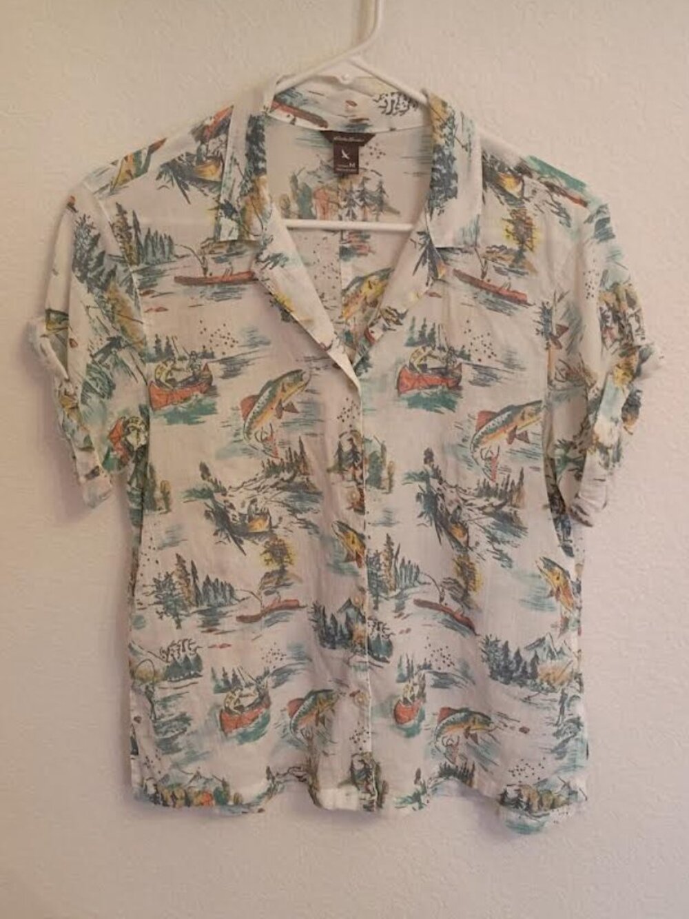 EDDIE BAUER WOMEN'S TOP FISHING CANOE OUTDOORS SHORT CUFF SLEEVE COTTON SIZE M